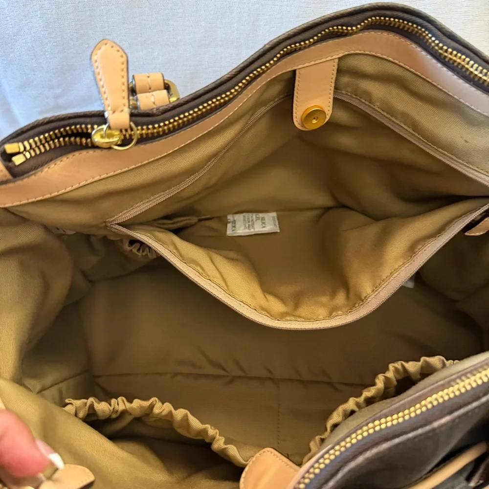 Coach Brown Signature Baby Bag with Tan Trim and Red Tag
